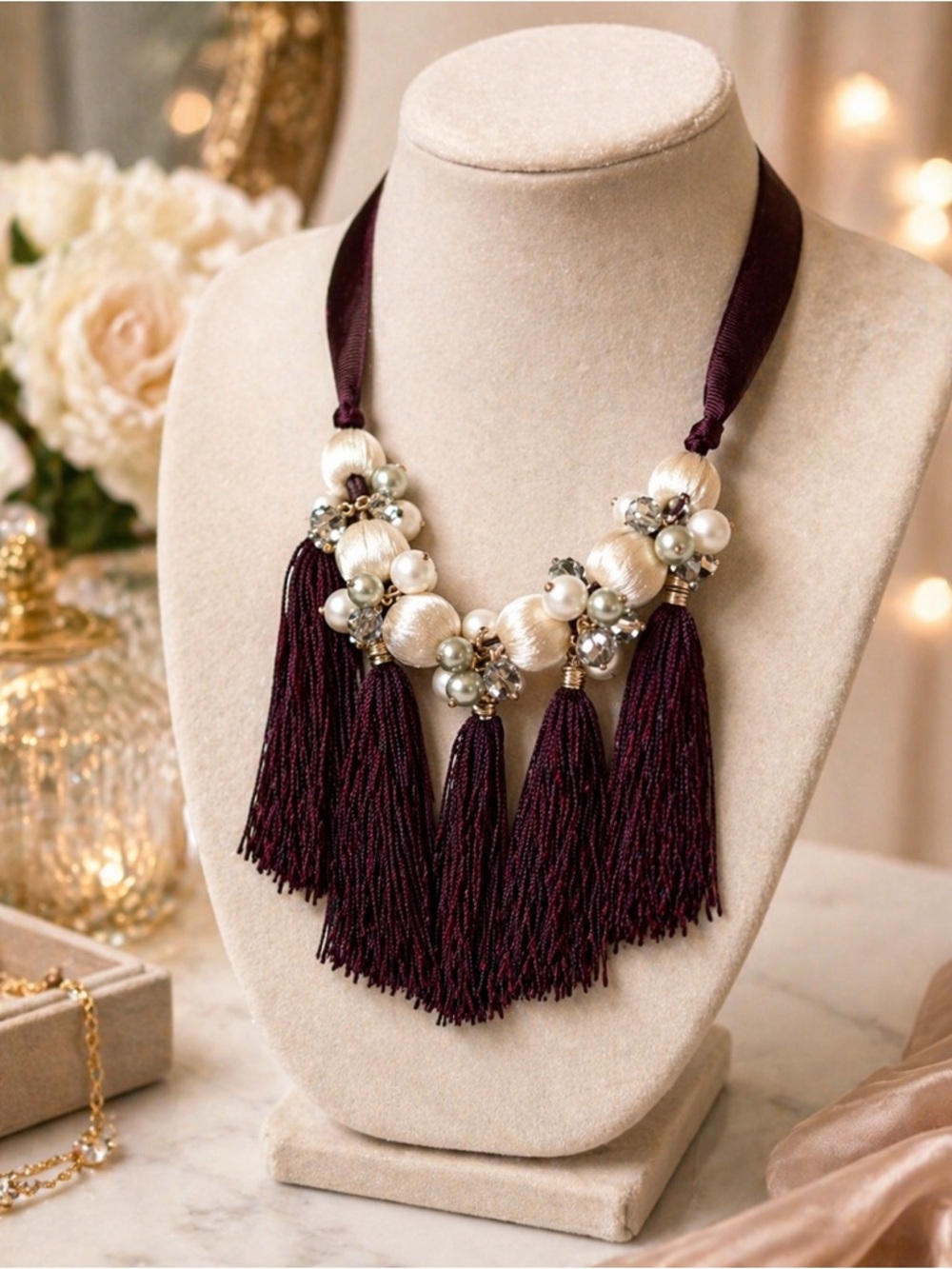 Ann Taylor Factory Statement Necklace Burgundy Tassel Crystal Pearl Beaded NWT - Picture 1 of 6